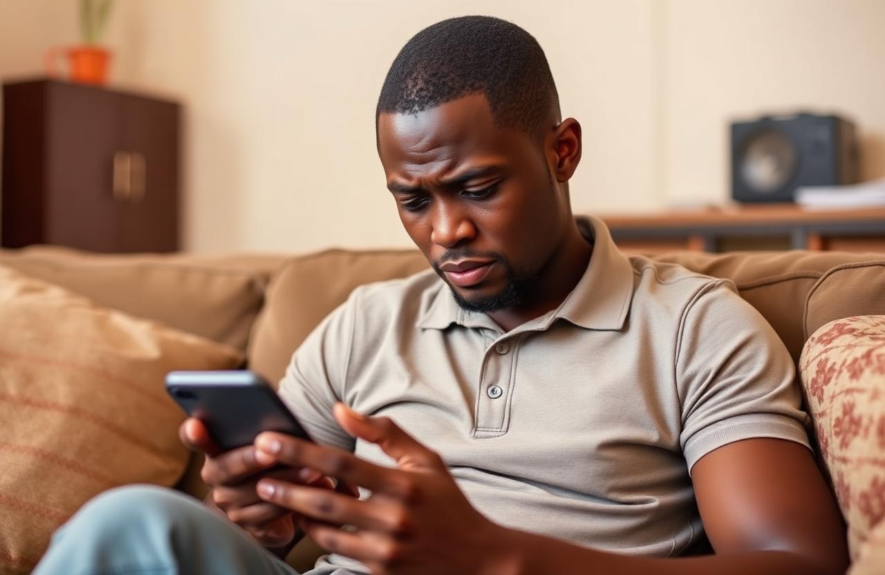 Emeka at home, stressed after a loan app notification